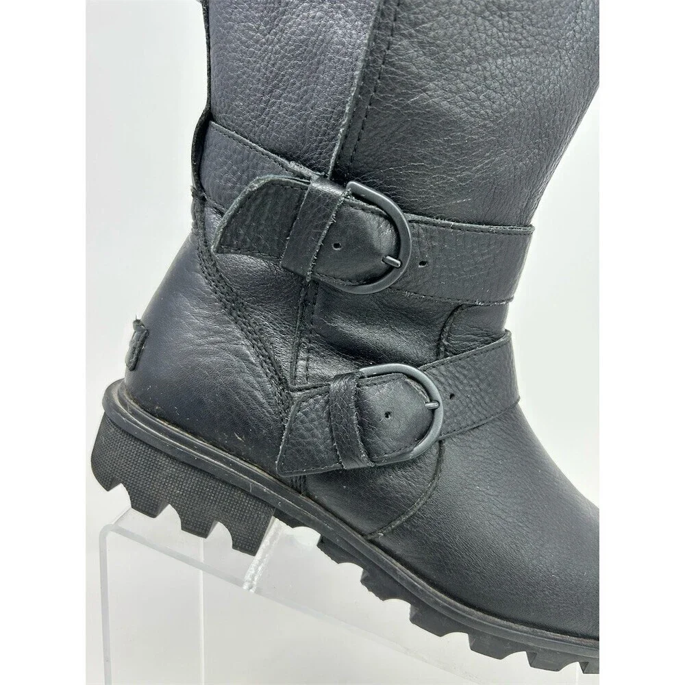 SOREL Phoenix Moto Women's Boots Black Mid-Calf Double Buckle Lug Sole Size 9